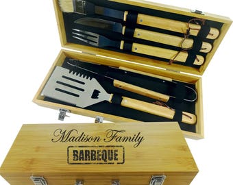 BARBEQUE SET 5 tools Custom engraved personalized grilling set with 5 BBQ grilling tools in natural bamboo case for Family housewarming