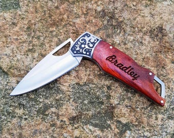 Personalized Pocket Knife- CLASSIC Rosewood Decogrip Custom Folding Knife Gift for Him, Dad, Husband, Brother, Boyfriend, Groomsmen with Box
