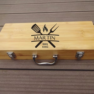 Personalized Grilling Set with 5 Grilling Tools- Custom Engraved BBQ King Utensils in Natural Bamboo Case Gift for Groomsman by Algis Crafts