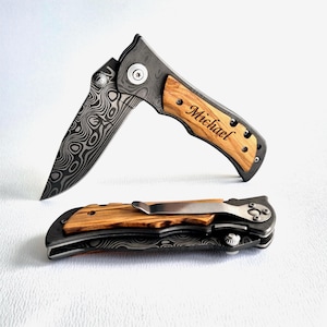 Personalized Pocket Knife DAMASK– Custom Engraved Folding Knife Groomsmen, Father&#39;s Day Gift, Anniversary Gift for Him, Wedding Party Favor