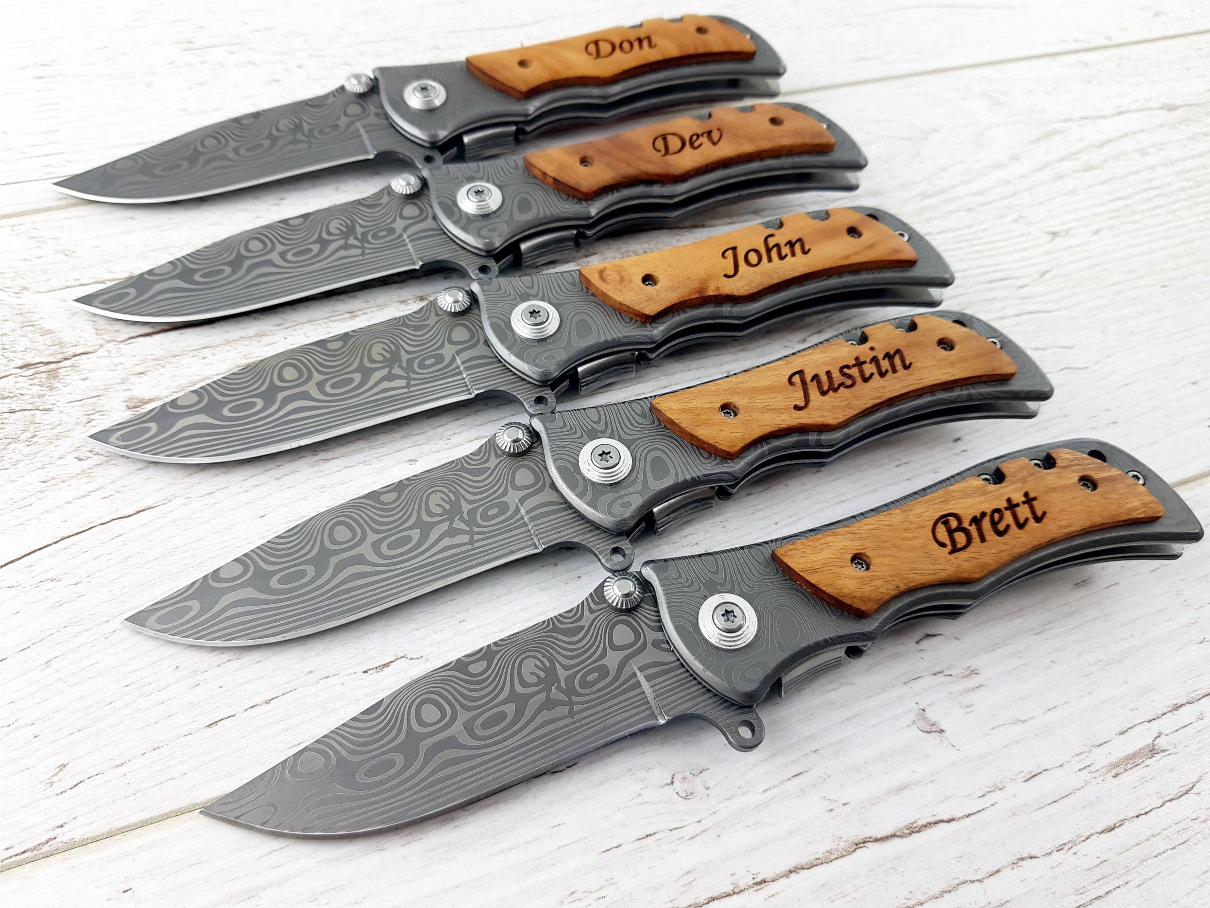 SET of 5 Personalized Pocket Knives DAMASK. Gift for Him. Gift Etsy