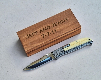 Personalized White Pocket Knife– 14th Anniversary Gift for Husband or Spouse. Custom Engraved Folding Knife for Groomsmen by AlgisCrafts