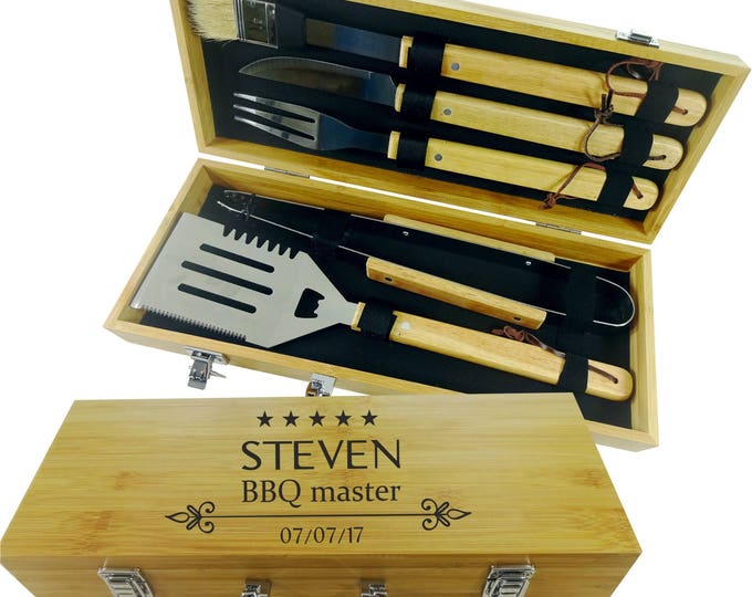 Barbecue SET 5 tools Custom engraved personalized grilling set with 5 BBQ grilling tools in natural bamboo case ARROW. gift for him
