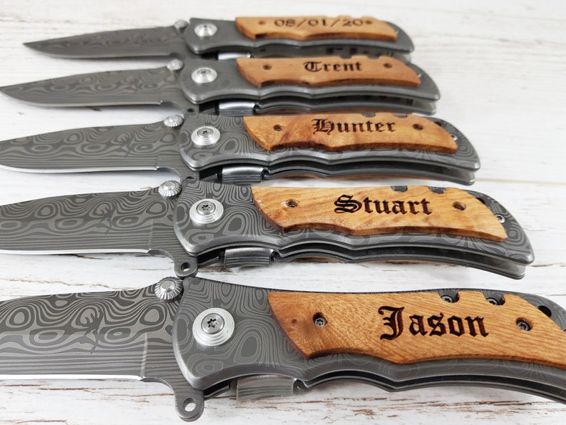 SET of 5 Personalized Pocket Knives DAMASK. Gift for Him. Gift Etsy