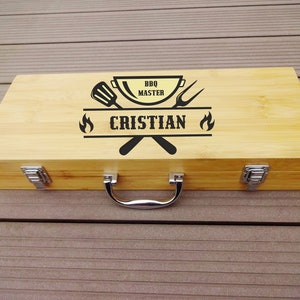 Personalized Barbecue Set with 5 Grilling Accessories- Custom Engraved BBQ Master Utensils in Natural Bamboo Case for Him by Algis Crafts