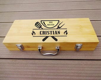 Personalized Barbecue Set with 5 Grilling Accessories- Custom Engraved BBQ Master Utensils in Natural Bamboo Case for Him by Algis Crafts