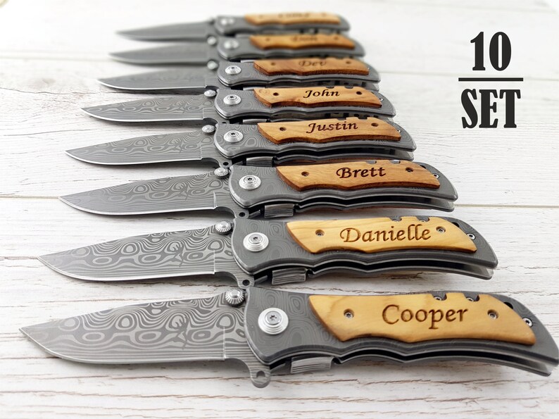 SET of 10 Personalized Pocket Knives DAMASK. Gift for Him. Etsy