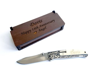 Customized White Pocket Knife- 14th Wedding Anniversary Gift for Husband Spouse. Custom Engraved Folding Knife for Groomsman by Algis Crafts