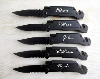 5 SET BLACK Personalized Pocket Knives, Groomsman Gift, black metal knife with flashlight, Survival Tactical Knife, hunting