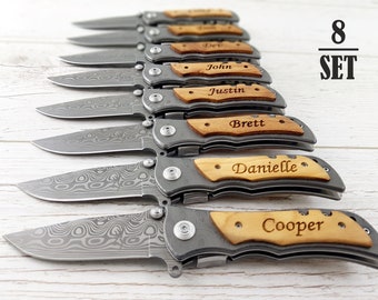 SET of 8 Personalized Pocket Knives DAMASK. Engraved Hunting Knife, Custom Knives, Groomsman Gift, Groomsman Knife, DecoGrip Hunting Knife