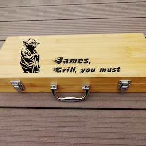 GRILL YOU MUST Custom Engraved Grilling Set in Bamboo Case. Personalized Barbecue Box with 5 Tools Spatula Fork Tongs Knife Basting Brush