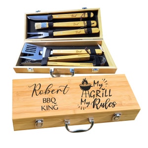 Personalized Grill Set with 5 Grilling Utensils in Natural Bamboo Case. Engraved BBQ King. My Grill My Rules. Gift for Him by Algis Crafts