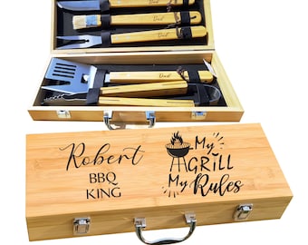 Personalized Grill Set with 5 Grilling Utensils in Natural Bamboo Case. Engraved BBQ King. My Grill My Rules. Gift for Him by Algis Crafts