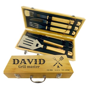 Personalized Barbecue Set with 5 Grilling Tools- Custom Engraved Grill Master Utensils in Natural Bamboo Case Gift for Dad by Algis Crafts