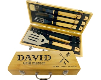 Personalized Barbecue Set with 5 Grilling Tools- Custom Engraved Grill Master Utensils in Natural Bamboo Case Gift for Dad by Algis Crafts