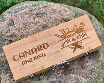 Personalized Barbeque Set with 5 Grilling Tools- Custom Engraved BBQ King Grill and Chill in Wooden Bamboo Case Gift for Him by Algis Crafts