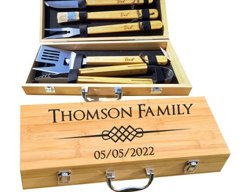 Grill Gift Set with 5 Grilling Tools in Bamboo Case | Personalized BBQ Set | Engraved Grill Tools | Barbecue Gift Idea for Grill Enthusiasts