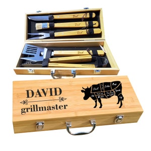 Personalized BBQ Set with Bull Design and 5 Grilling Tools- Engraved Grillmaster in Natural Bamboo Case and Five Utensils by Algis Crafts