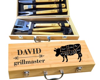 Personalized BBQ Set with Bull Design and 5 Grilling Tools- Engraved Grillmaster in Natural Bamboo Case and Five Utensils by Algis Crafts