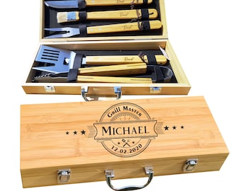 Personalized Barbecue Set with 5 Grilling Tools- Custom Engraved Grill Master Utensils in Wooden Bamboo Case Gift for Friend by Algis Crafts