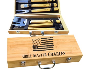 Grilling Set with Name and USA Flag– Custom Engraved Personalized Barbecue Set with 5 Grilling Tools in Natural Bamboo Box by Algis Crafts