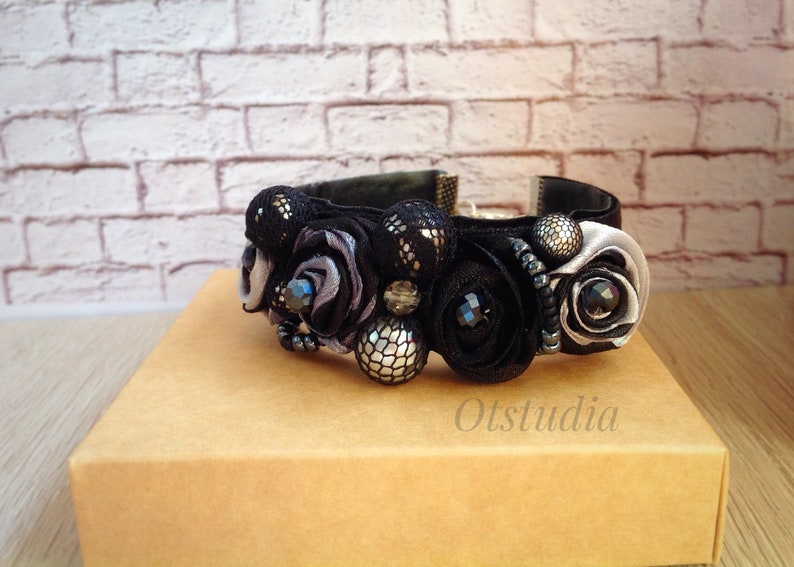 Gothic cuff bracelet embroidered with ribbons pearls and crystals Fabric cuff bracelet Jeweled fabric cuff Black cuff bracelet Wrist corsage