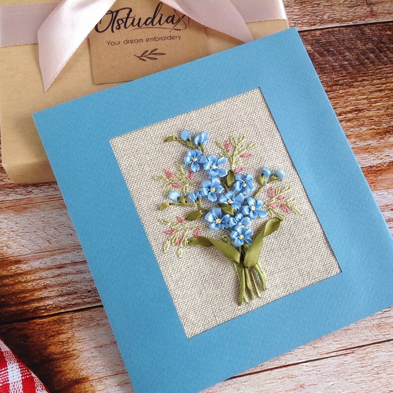 Embroidered blue greetings card silk ribbons Etsy