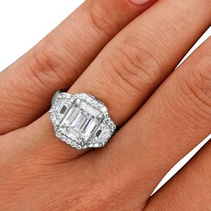 Sparkling 3.15 Carat Emerald Cut Lab Grown Diamond Engagement Ring, Real 14k White Gold Proposal Ring, Certified Lab Diamond F/VS1, Women