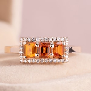 Natural Three Orange Sapphire Diamonds Engagement Ring Multi Sapphire Gold Promise Ring September Birthstone Anniversary Gift For Her
