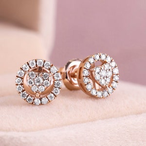 Natural Diamond Stud Earrings, 14k Rose Gold Pave Set, Heart Shape Diamond, Screwback Closure, 0.35CT F-G/VS-SI, Anniversary Gift