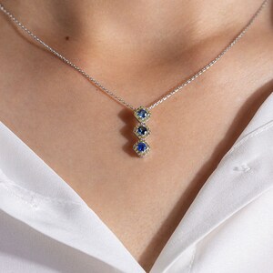 Fine 3 Sapphire Stone Pendant Necklace with Diamonds Birthday Gift for Women