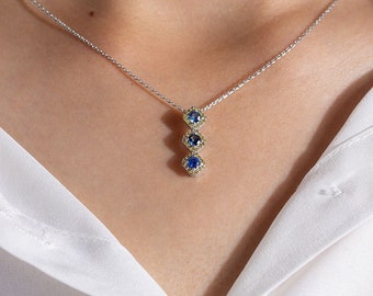 Fine 3 Sapphire Stone Pendant Necklace with Diamonds Birthday Gift for Women