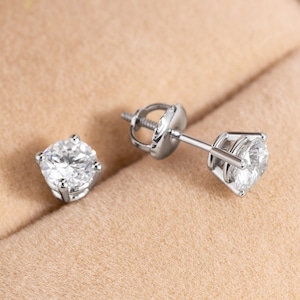 1.0 Carat Diamond Stud Earrings in 14k White Gold, Certified Round Cut Diamond E/SI1 Prong Setting, Dainty Diamond Earrings for Women