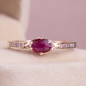 Superb Minimal Ring Red Ruby Oval Natural Diamond 0.55 Ct 14k Rose Gold Stacked Ring for Women