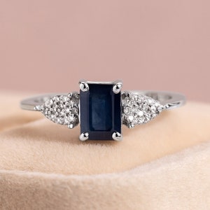 Blue Sapphire & Natural Diamond Engagement Ring, Wedding Jewelry, Emerald Cut Gemstone, 14k White Gold Solitaire w/ Sidestone, 1.7Ct