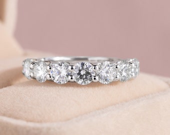 Luxury 7 Stone Natural Diamond Ring, Round Brilliant F-G Color VS-SI Clarity, Half Eternity Design, Elegant Wedding for Women