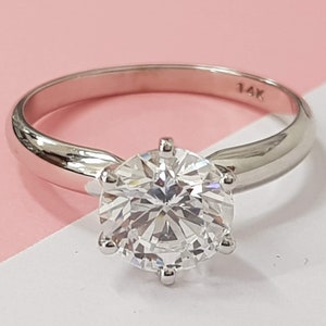 14k White Gold Solitaire Engagement Ring, Round Cut Moissanite Diamond, 2.15Ct D/VVS2 Clarity, Bridal Ring, Anniversary Gift