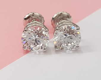 2.10 Carat Round Cut Lab Created Diamond Earrings, Real 14k White Gold Stud Earring, Certified Diamond D/VVS2 Prong Setting, Elegant Gift