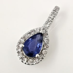 14K Weißgold Saphir Anhänger - Tropfen Halo Halskette mit Diamanten - Eleganter Brautschmuck