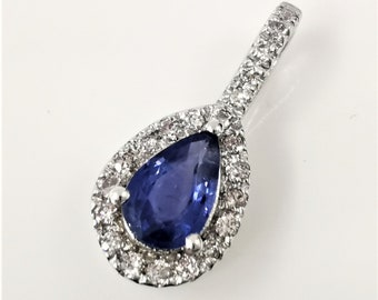 Colgante de zafiro en oro blanco de 14 quilates – Collar con halo de lágrima en forma de pera y diamantes – Elegante joya nupcial