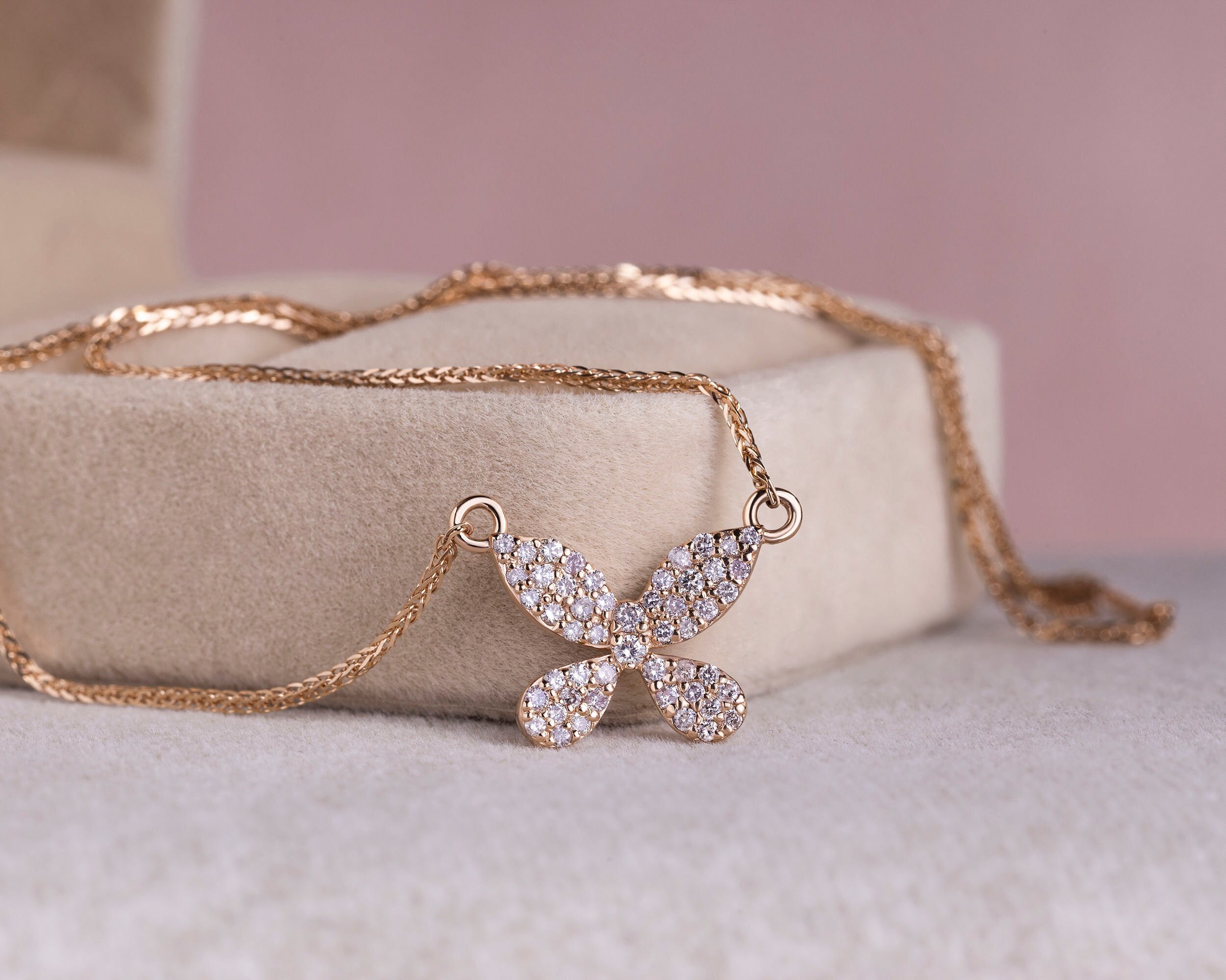 14K Rose Gold Pendant Necklace, Butterfly Design, Certified Round Cut lab Created Diamond, Pave Set, 0.25 Ct E-F/VVS2-VS1, Anniversary Gift