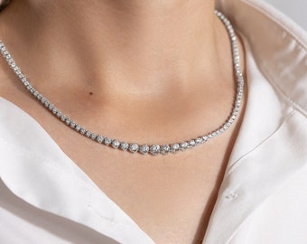 Collar de tenis con diamantes reales graduados de 7,60 ct en oro blanco de 14 k D VS2-SI1 Para ella para él Certificado Tasado Corte redondo Natural