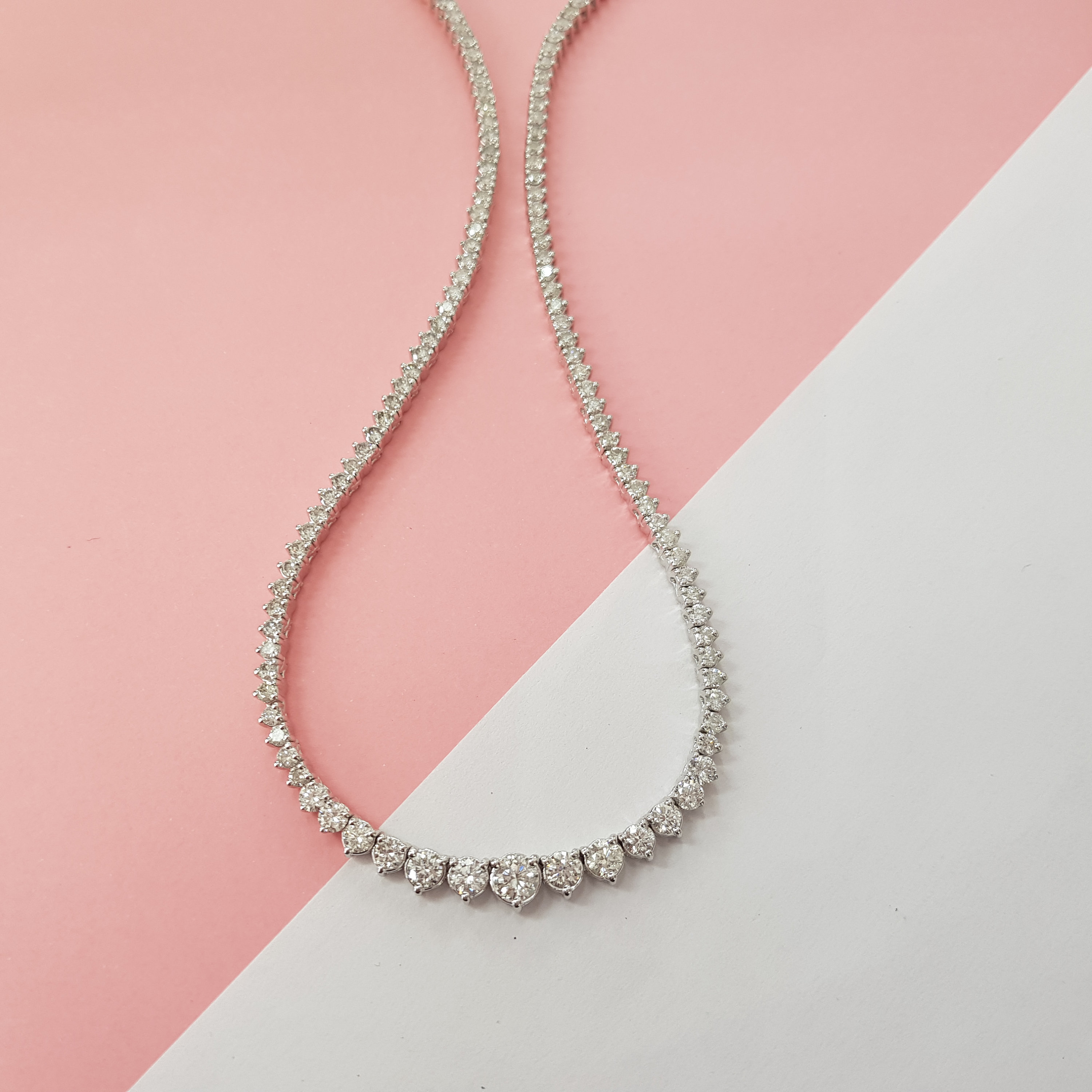 Real Diamond Graduated 3 Prong Tennis Necklace 9.00 Ct 14k White