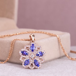 Blue Tanzanite and Diamond Pendant Necklace, Flower Design Pendant, 14k Rose Gold Cluster Set, Oval & Round Cut, 1.95 Ct Natural Diamond