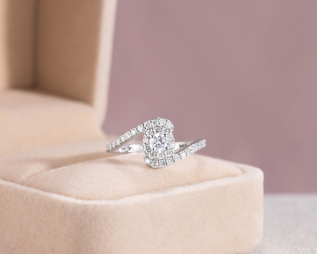 Bypass Engagement Ring, Bypass Diamond Ring, 14K White Gold Ring, Pave ...