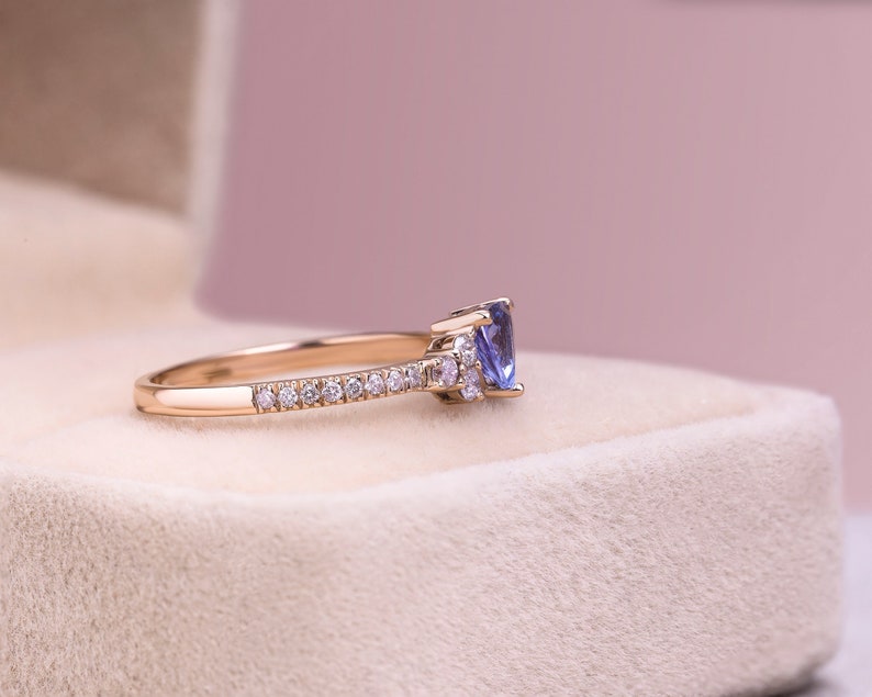 0,75 karaat blauwe tanzaniet en lichtroze diamanten ring, massief 14k roségouden solitaire ring, trilliant geslepen edelsteen en rond geslepen diamant, dames afbeelding 5