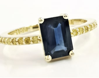 1,5 karaat blauwe saffier en diamanten verlovingsring voor vrouwen, 14k gouden natuurlijke saffierring, rechthoekige smaragd geslepen saffierring