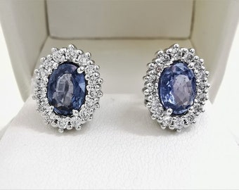 Vintage 1.8 Carat Natural Blue Oval Sapphire and Diamonds Diana Style Earrings