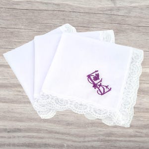 Ladies Lace Handkerchief - Custom Floral Initial Letter, Embroidered Hanky