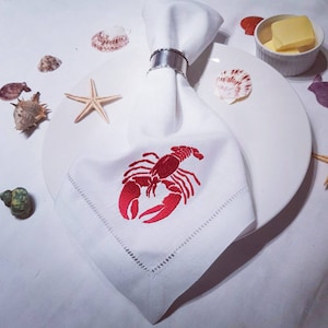 White Hemstitch Linen Table Napkin Embroidered Lobster/ Sealife Coastal Napkins / Table Linen / Dinner Napkin /  Table Decor / Seafood